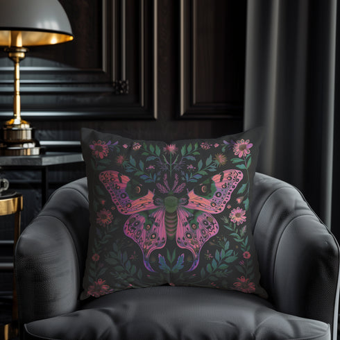 A beautifully detailed pillowcase cover featuring a vibrant moth in shades of pink, purple, and green. The moth is framed by intricate floral designs, including lush green leaves and pink flowers, all set against a dark, moody background. The design evokes a cottagecore aesthetic with gothic undertones, blending nature with a magical, whimsical vibe.